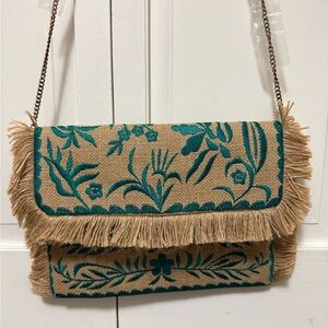 NWT Antik Kraft Teal Tan Burlap Purse Fringe Western Coastal Cowgirl Cottage